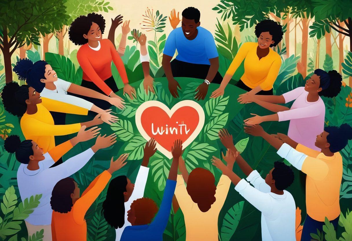 Illustration of diverse community members engaged in various collaborative activities, surrounded by symbols of support like open hands, heart shapes, and resource icons. A warm, inviting color palette enhances the sense of connection and empowerment. Incorporate a backdrop of a vibrant community center with greenery and cheerful banners. super-realistic. vibrant colors. 3D.