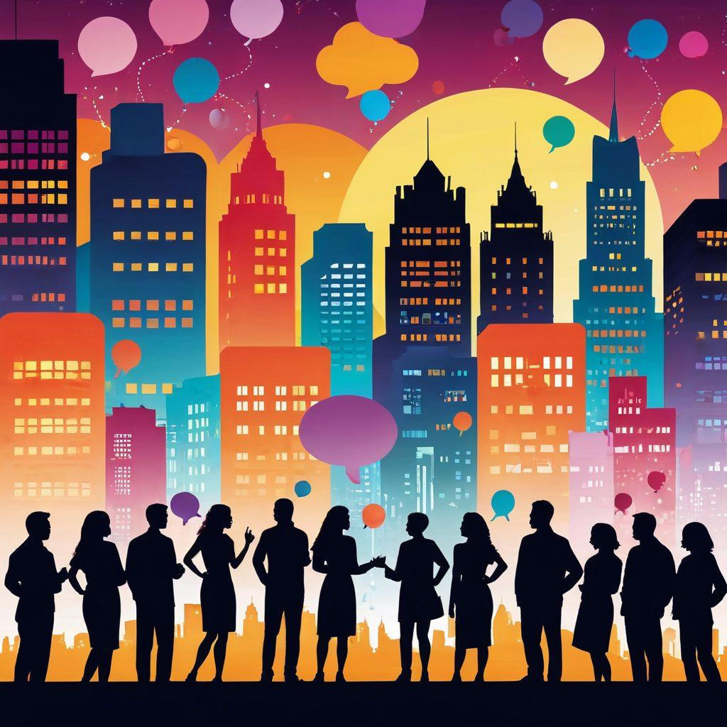 A lively illustration depicting a diverse group of people engaging in conversation with floating speech bubbles showcasing various community updates. A colorful city skyline forms the backdrop, symbolizing connectivity and vibrancy. Soft glowing lights surround the scene to represent warmth and inclusivity. The overall feel is dynamic and inviting. vibrant colors. vector art.