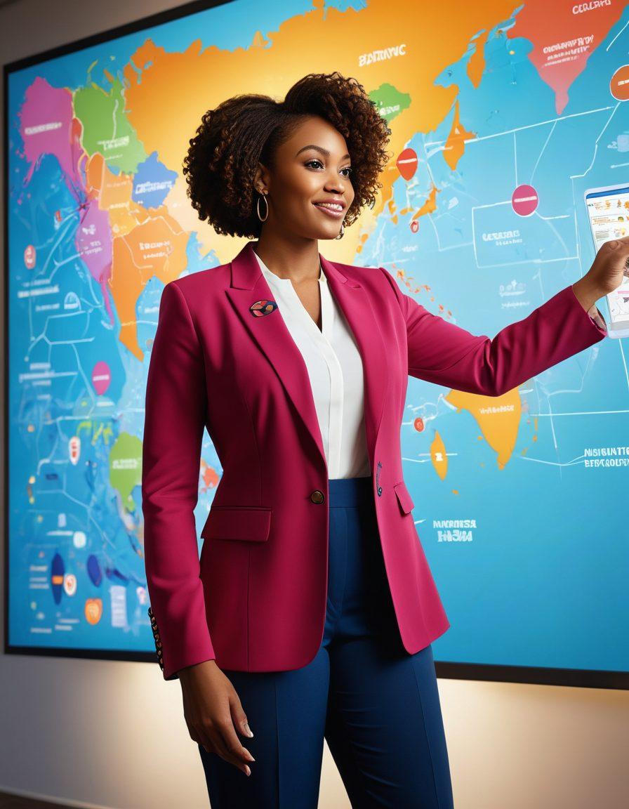 A vibrant scene depicting a diverse group of people engaged in a dynamic networking event, with Tamika standing confidently at the forefront, pointing towards a large, glowing map of services and opportunities. Colorful icons representing various assistance services, such as education, healthcare, and job opportunities, radiate from the map. The background features a warm, inviting atmosphere with soft lighting and abstract shapes symbolizing connectivity and growth. super-realistic. vibrant colors. 3D.
